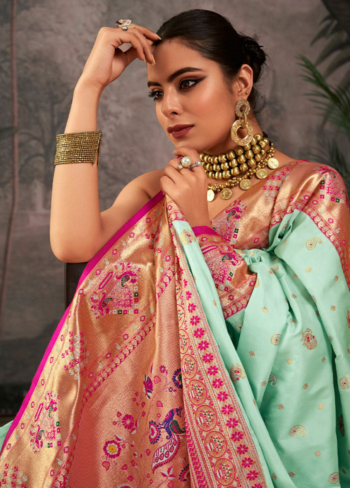 Sea Green Dupion Silk Saree With Blouse Piece