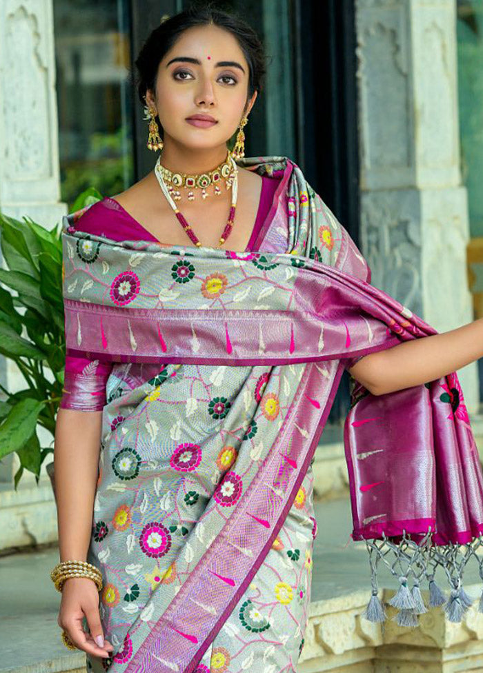 Grey Kanjivaram Silk Saree With Blouse Piece