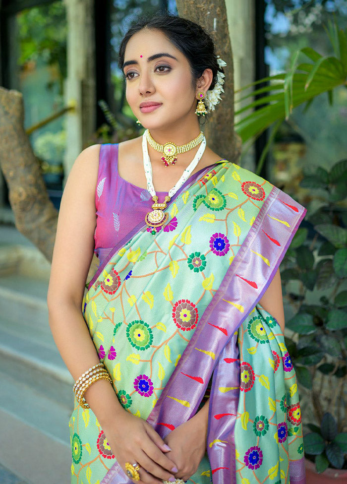 Sea Green Kanjivaram Silk Saree With Blouse Piece