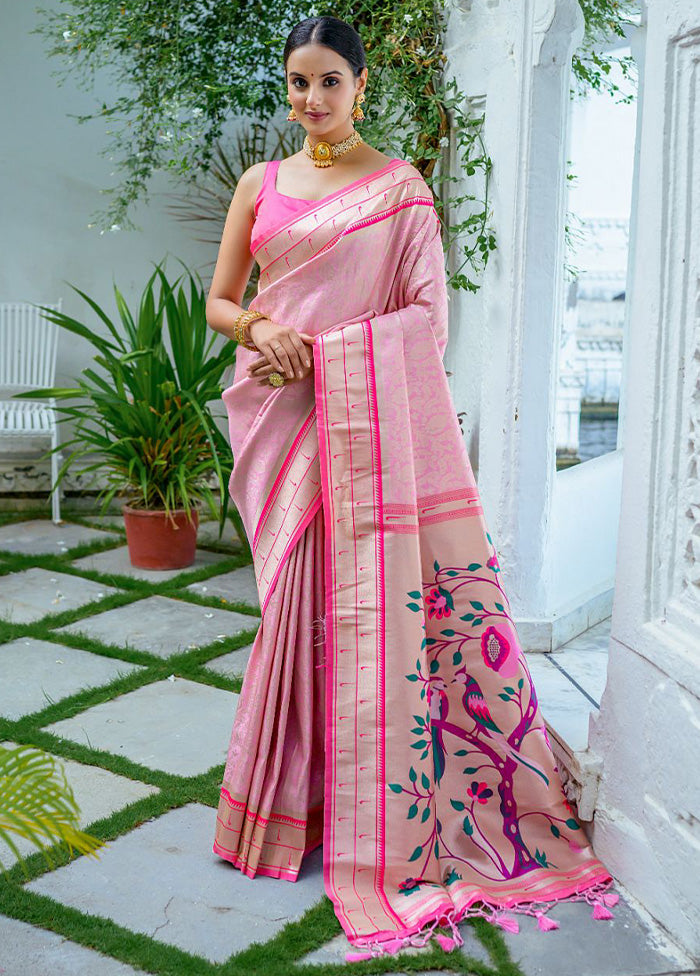 Baby Pink Kanjivaram Silk Saree With Blouse Piece