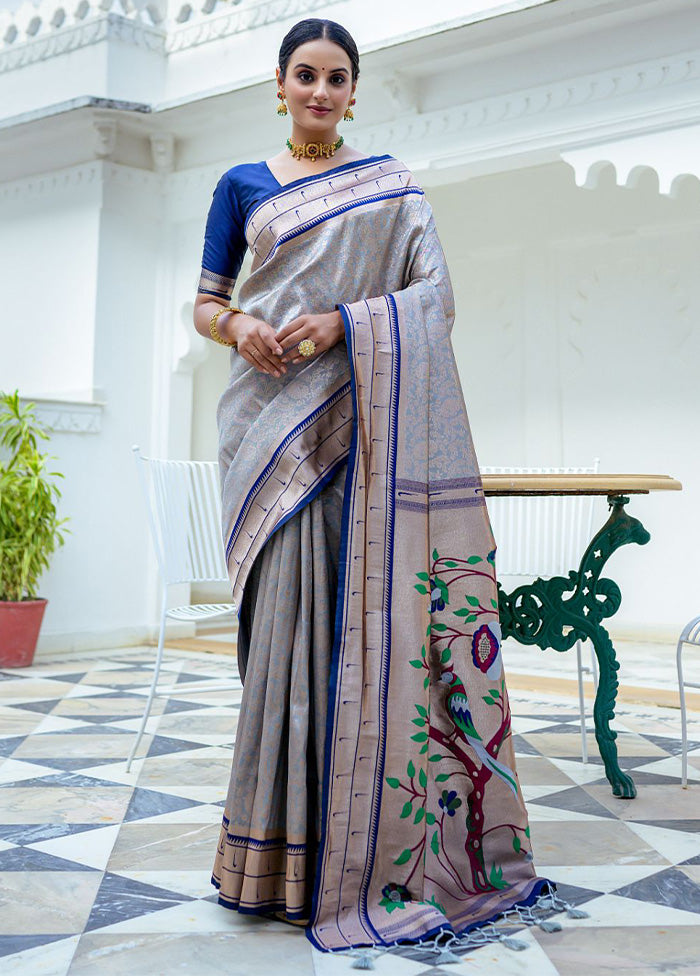 Grey Kanjivaram Silk Saree With Blouse Piece