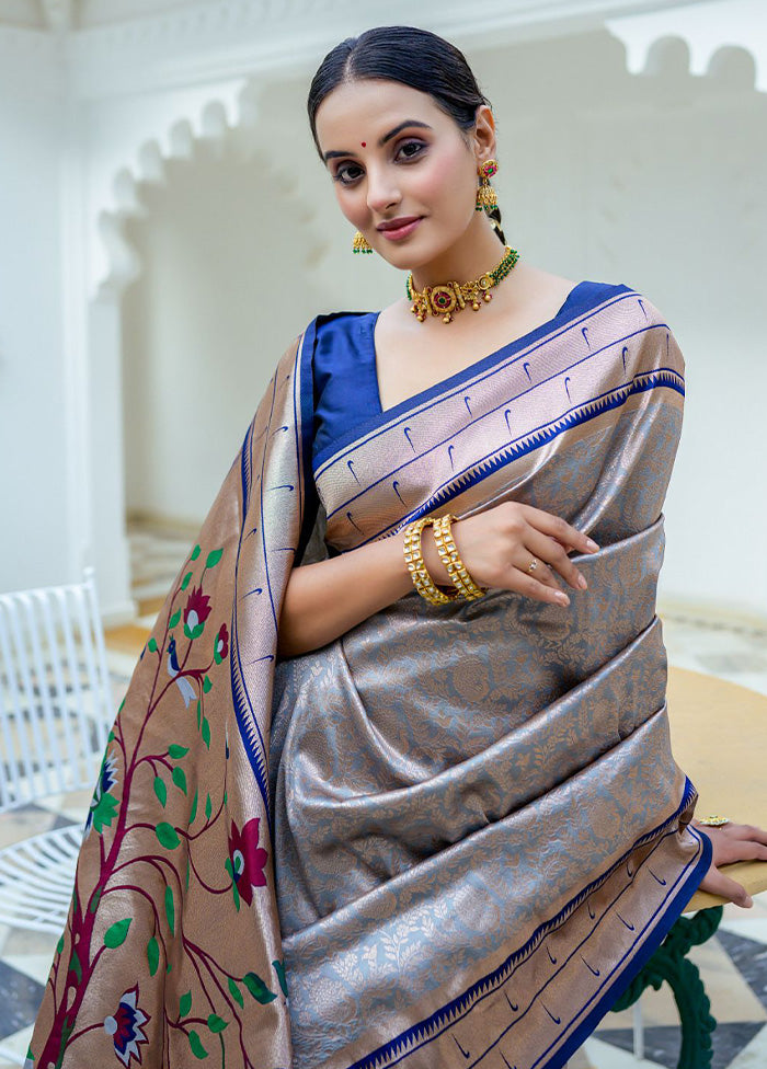 Grey Kanjivaram Silk Saree With Blouse Piece