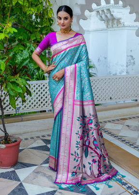 Rama Kanjivaram Silk Saree With Blouse Piece