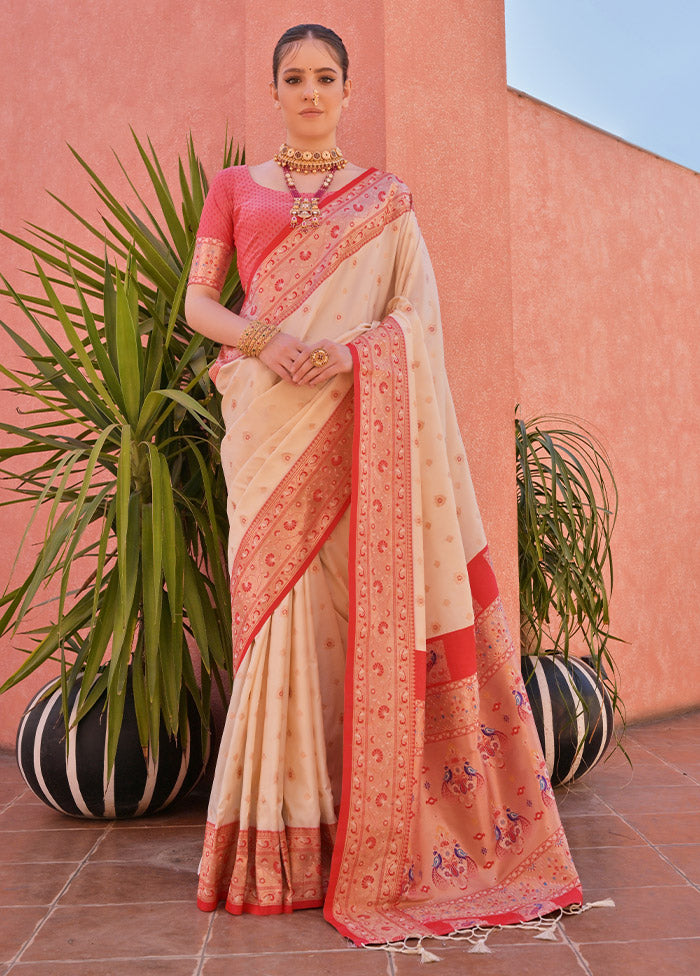 Off White Dupion Silk Saree With Blouse Piece