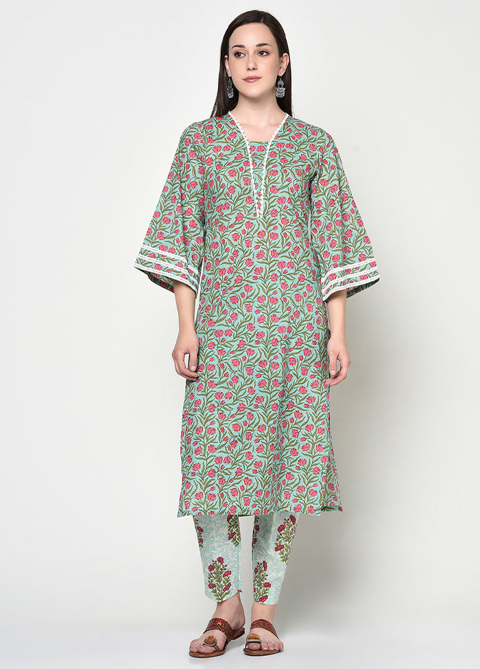 2 Pc Green Pure Readymade Cotton Kurti Set