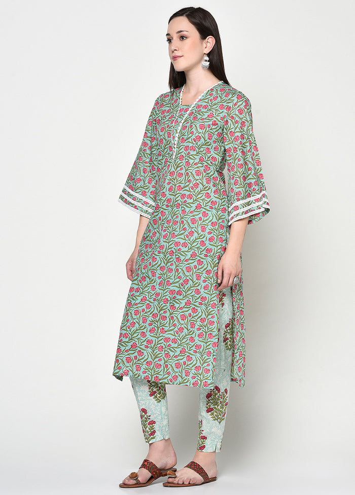 2 Pc Green Pure Readymade Cotton Kurti Set