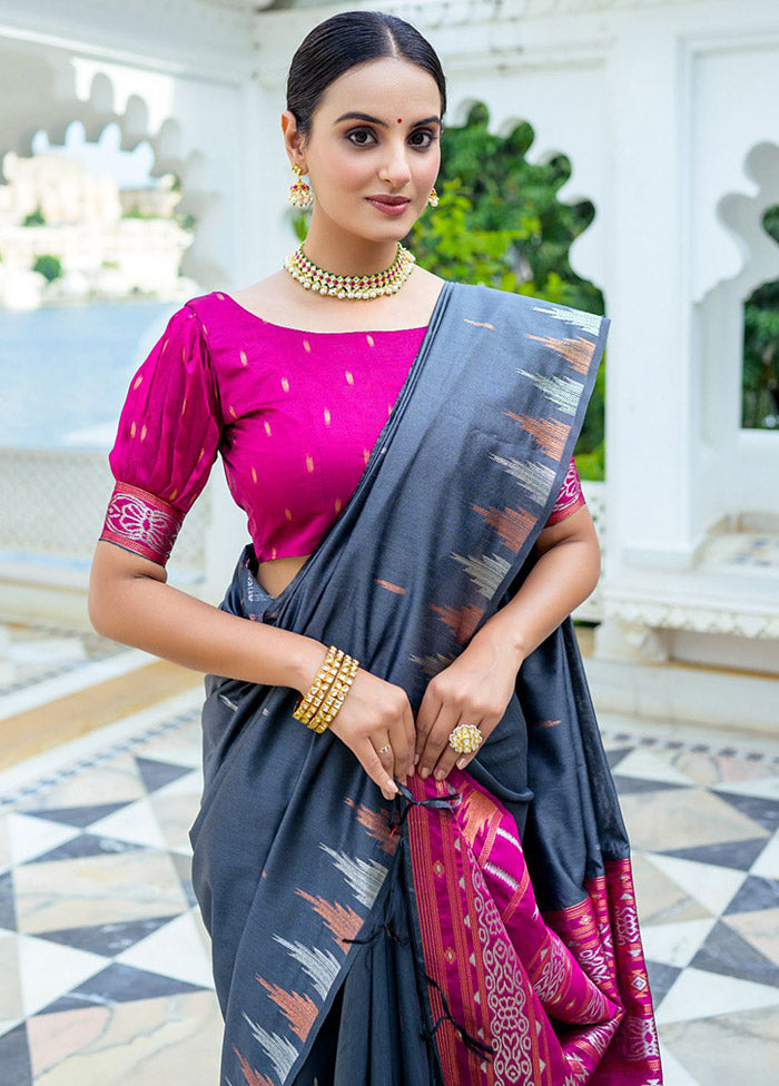 Grey Dupion Silk Saree With Blouse Piece