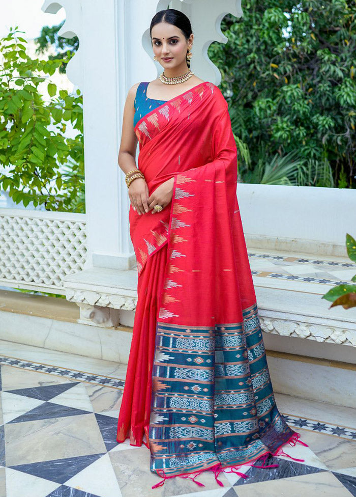 Red Dupion Silk Saree With Blouse Piece