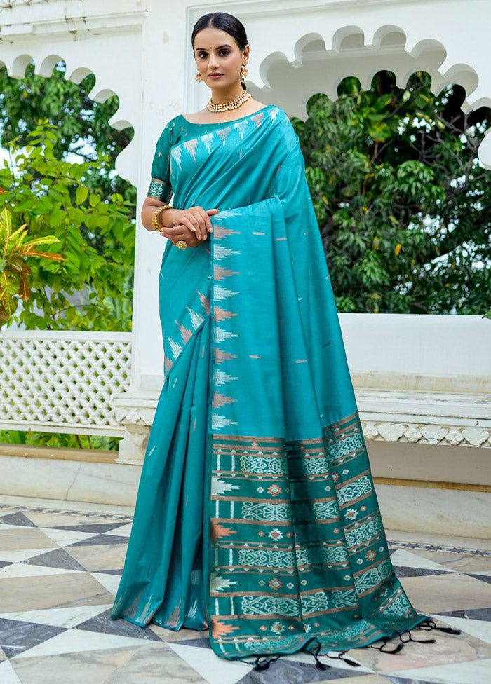 Sea Green Dupion Silk Saree With Blouse Piece