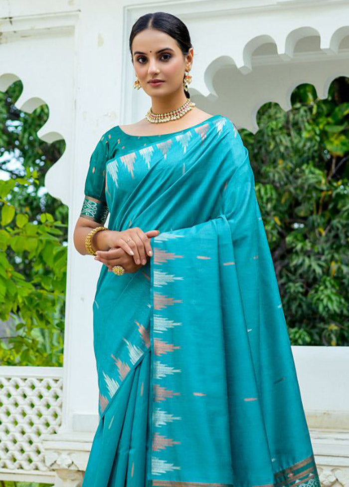 Sea Green Dupion Silk Saree With Blouse Piece