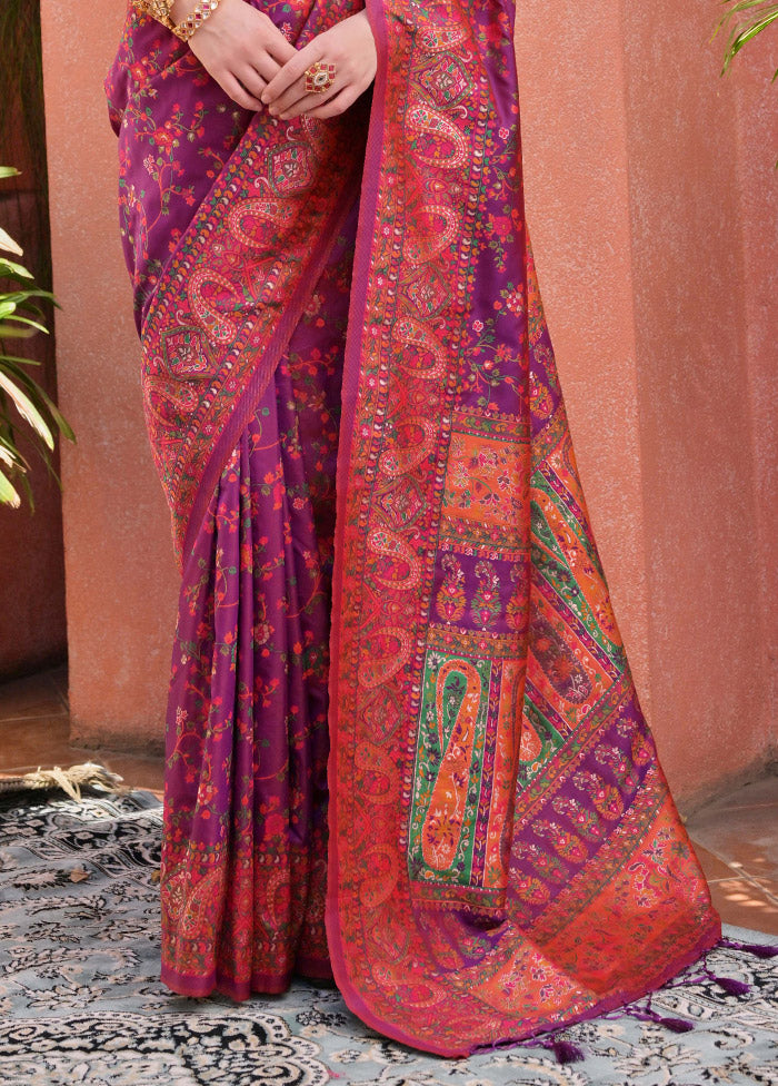 Wine Banarasi Silk Saree With Blouse Piece