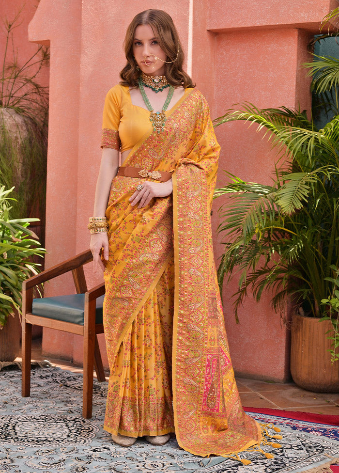 Yellow Banarasi Silk Saree With Blouse Piece