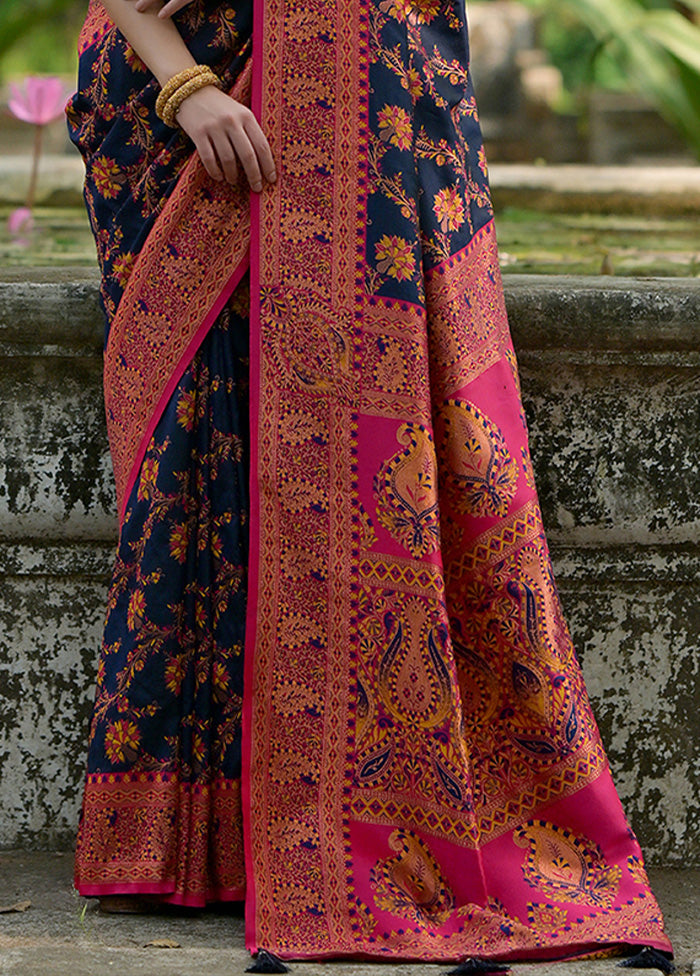 Navy Blue Pasmina Silk Saree With Blouse Piece