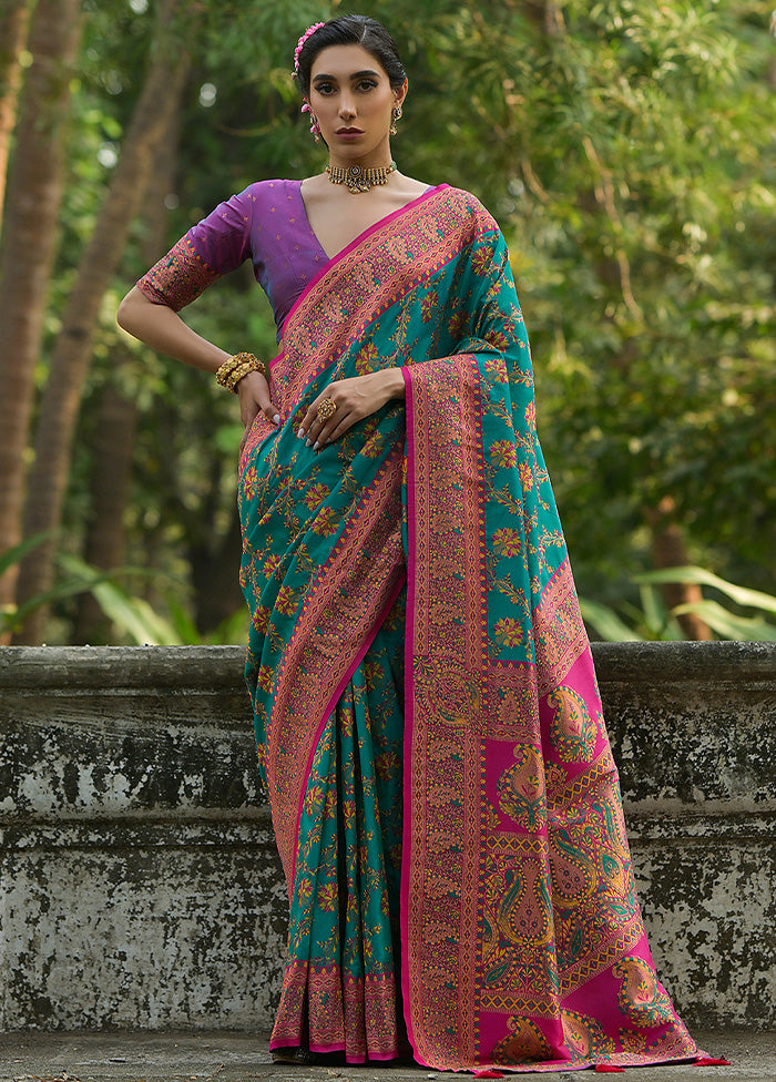 Rama Pasmina Silk Saree With Blouse Piece