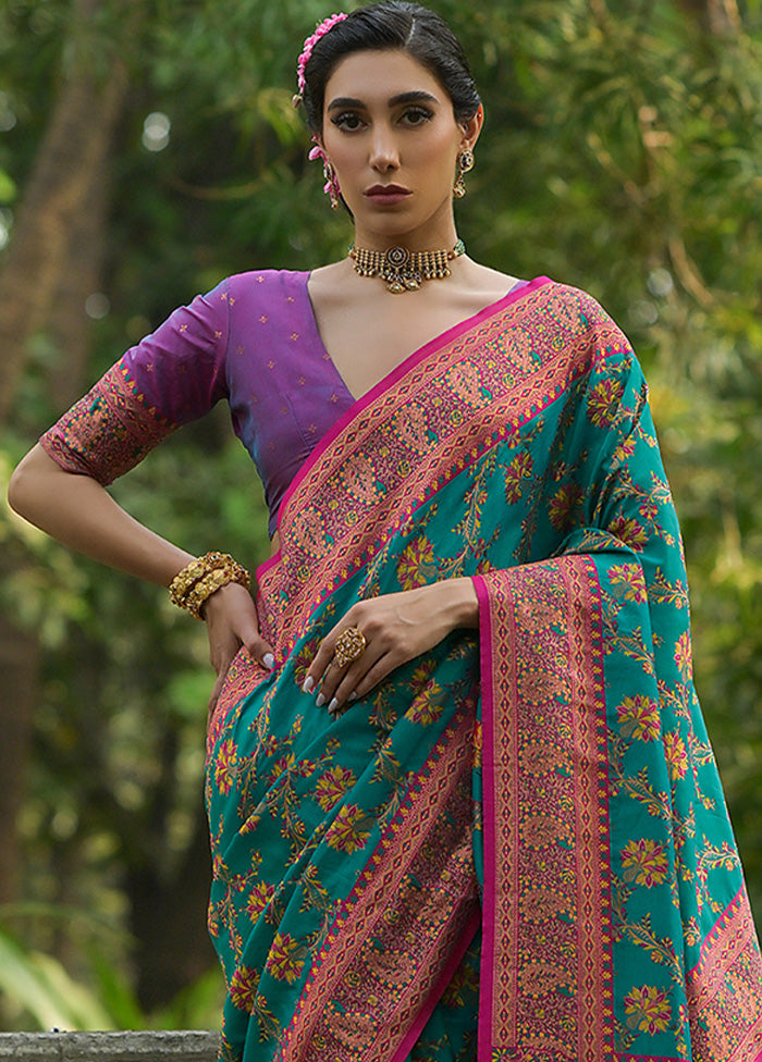 Rama Pasmina Silk Saree With Blouse Piece