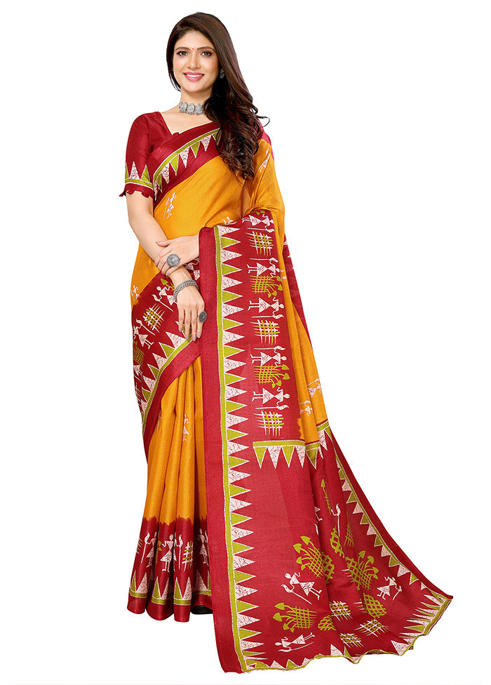 Yellow Dupion Silk Saree With Blouse Piece