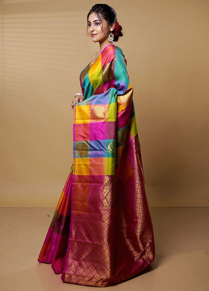 Multicolor Handloom Kanchipuram Pure Silk Saree With Blouse Piece