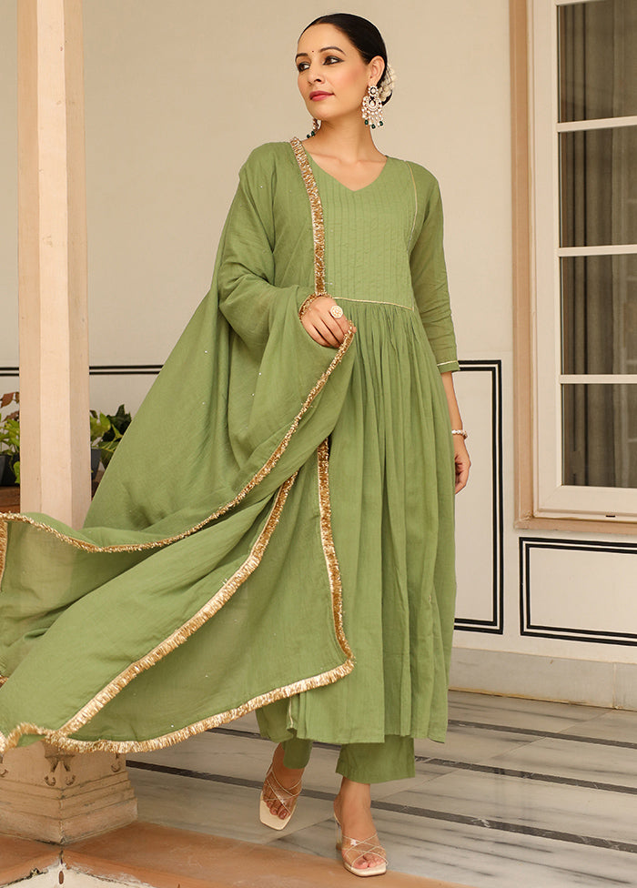 3 Pc Green Pure Readymade Mulmul Suit Set