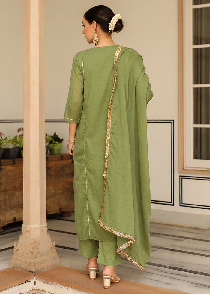 3 Pc Green Pure Readymade Mulmul Suit Set