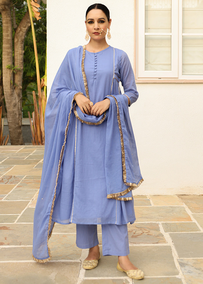 3 Pc Blue Pure Readymade Mulmul Suit Set