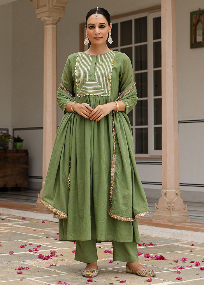 3 Pc Green Pure Readymade Mulmul Suit Set