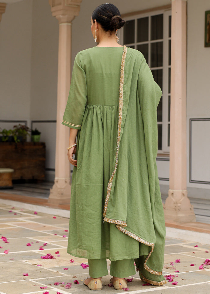 3 Pc Green Pure Readymade Mulmul Suit Set