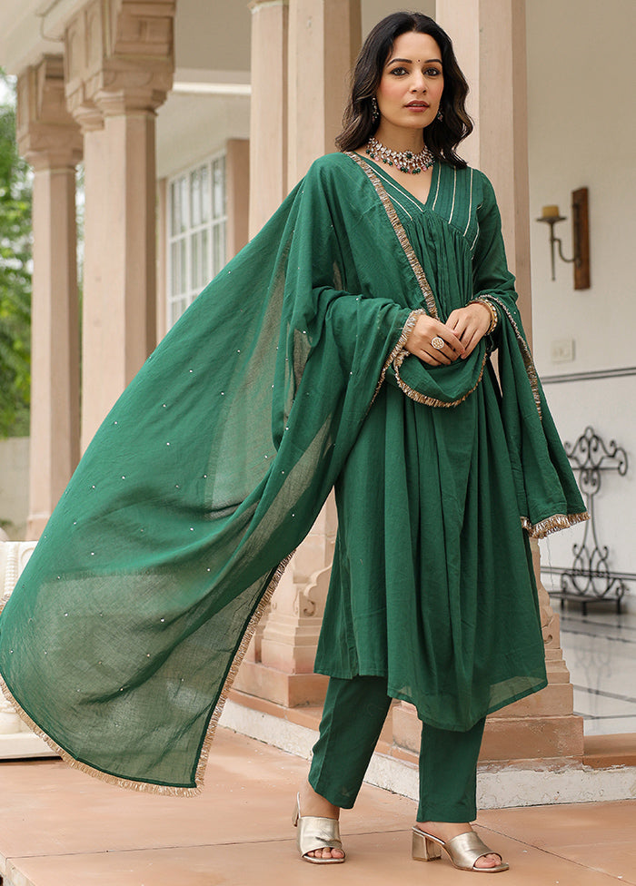 3 Pc Green Pure Readymade Mulmul Suit Set