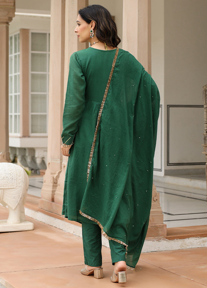 3 Pc Green Pure Readymade Mulmul Suit Set