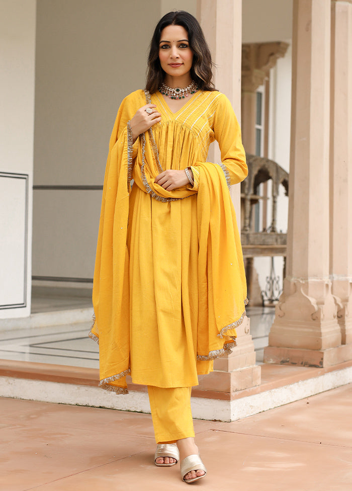 3 Pc Mustard Pure Readymade Mulmul Suit Set