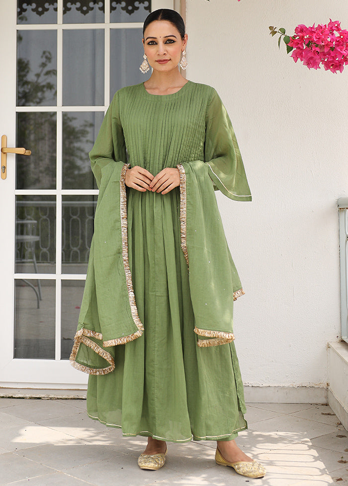 3 Pc Green Pure Readymade Mulmul Suit Set