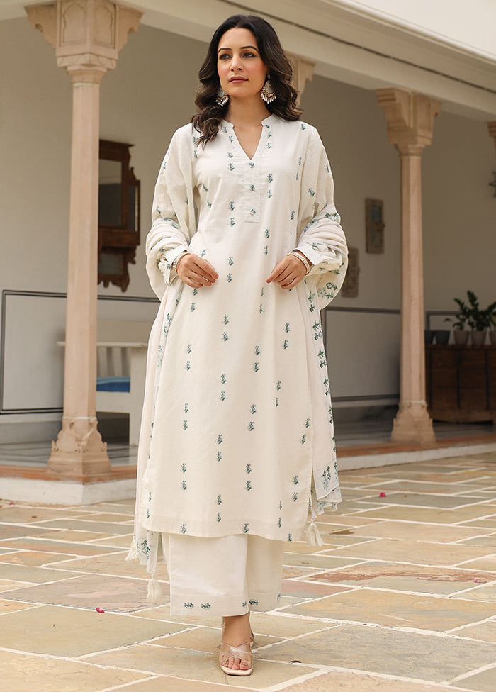 3 Pc White Pure Readymade Cotton Suit Set