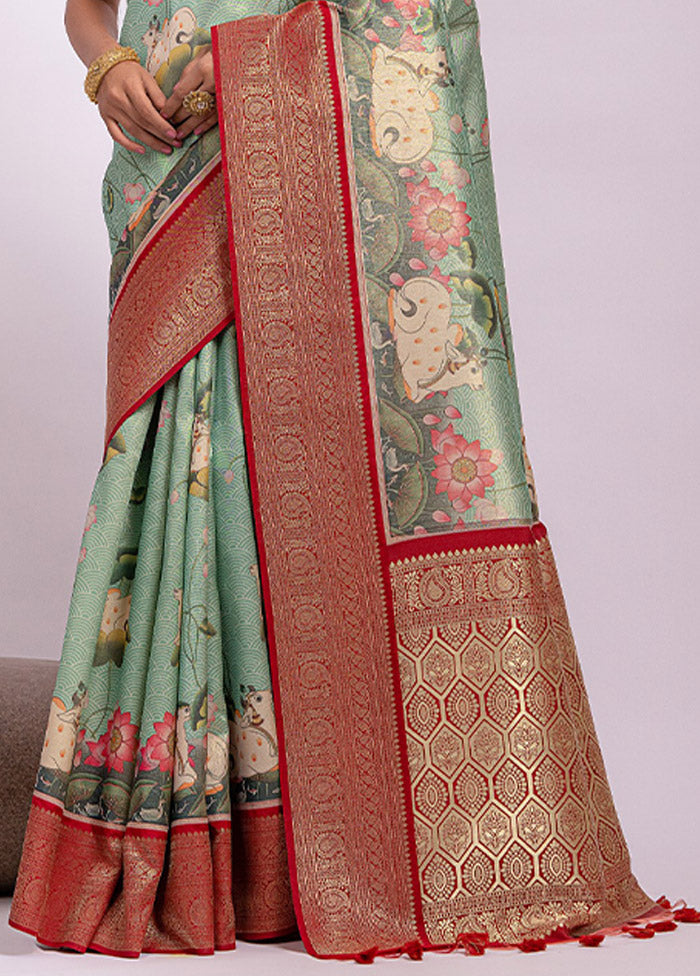 Pista Green Dupion Silk Saree With Blouse Piece