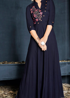 Navy Blue Readymade Rayon Gown - Indian Silk House Agencies