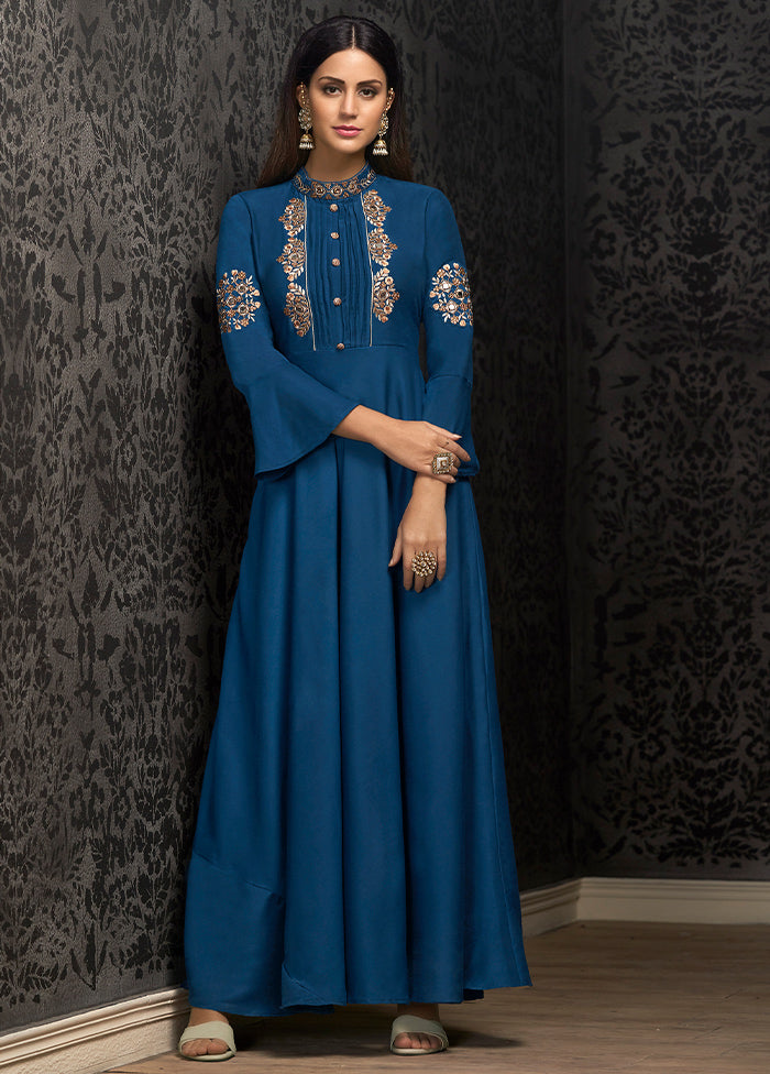 Blue Readymade Silk Gown - Indian Silk House Agencies