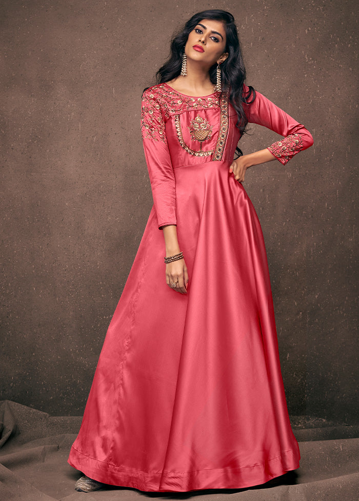 Old Rose Pink Readymade Silk Gown - Indian Silk House Agencies