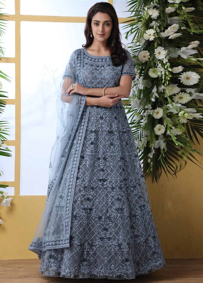 Grey Semi Stitched Net Gown With Dupatta - Indian Silk House Agencies
