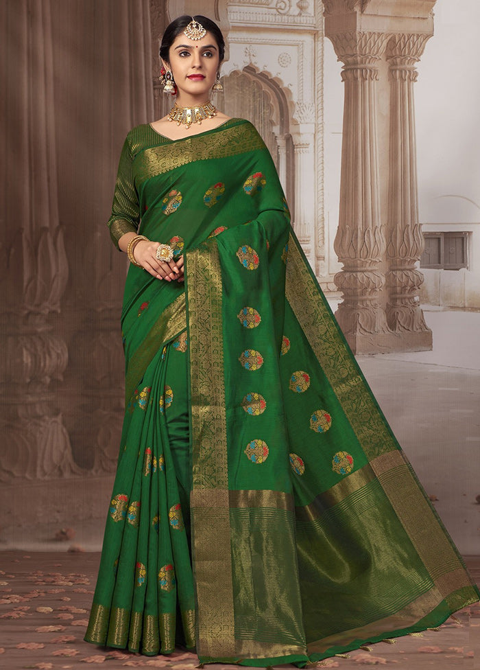 Dark Green Silk Saree With Blouse Piece - Indian Silk House Agencies