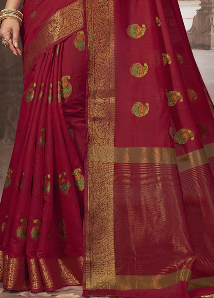 Red Chanderi Silk Saree With Blouse Piece - Indian Silk House Agencies