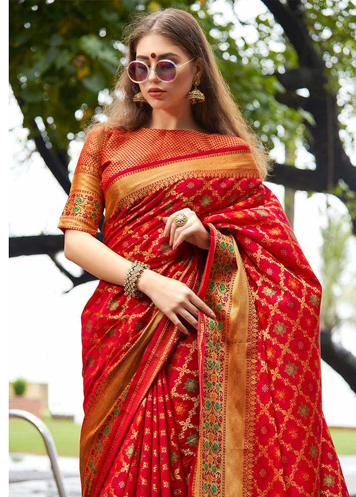 Red Spun Silk Saree With Blouse Piece - Indian Silk House Agencies