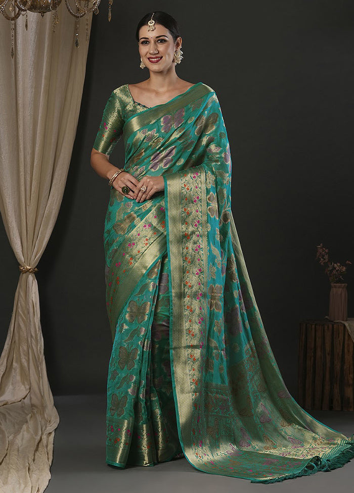 Sea Green Organza Saree With Blouse Piece