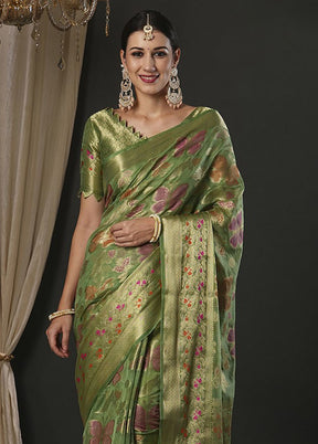 Olive Green Organza Saree With Blouse Piece