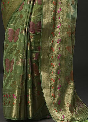 Olive Green Organza Saree With Blouse Piece