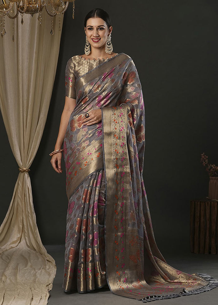 Grey Organza Saree With Blouse Piece