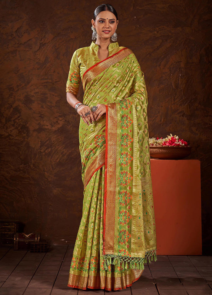 Parrot Green Organza Saree With Blouse Piece - Indian Silk House Agencies