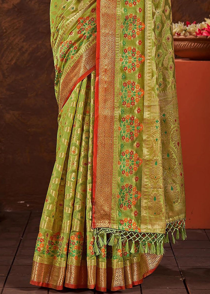 Parrot Green Organza Saree With Blouse Piece - Indian Silk House Agencies