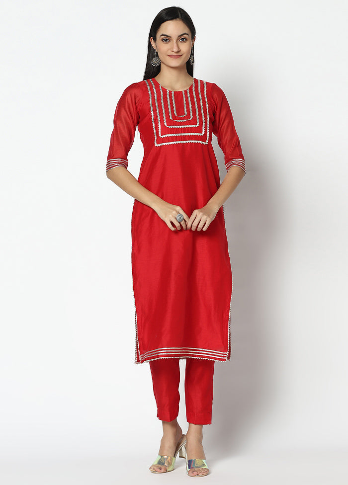 3 Pc Red Pure Readymade Chanderi Suit Set