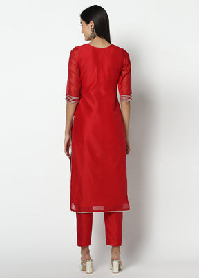 3 Pc Red Pure Readymade Chanderi Suit Set