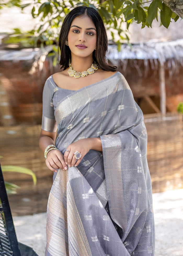 Grey Cotton Saree With Blouse Piece