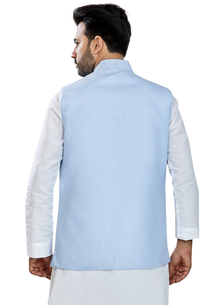 Blue Solid Silk Ethnic Jacket VDAC69271 - Indian Silk House Agencies