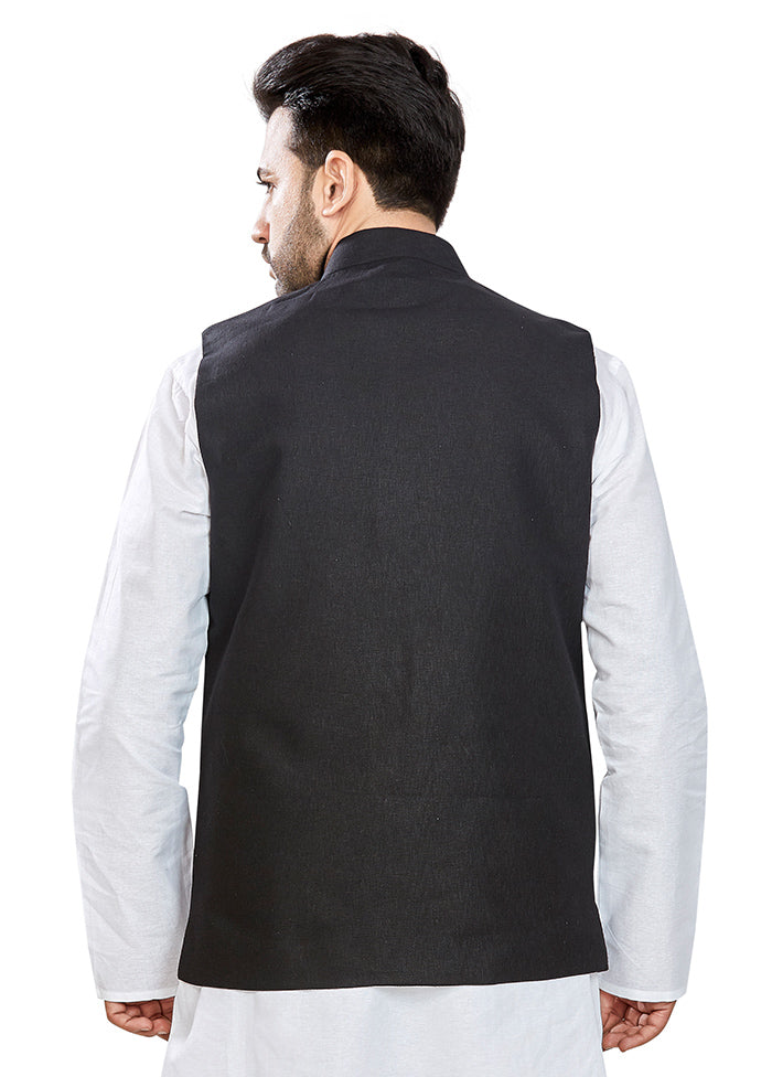 Black Solid Silk Ethnic Jacket VDAC69274 - Indian Silk House Agencies